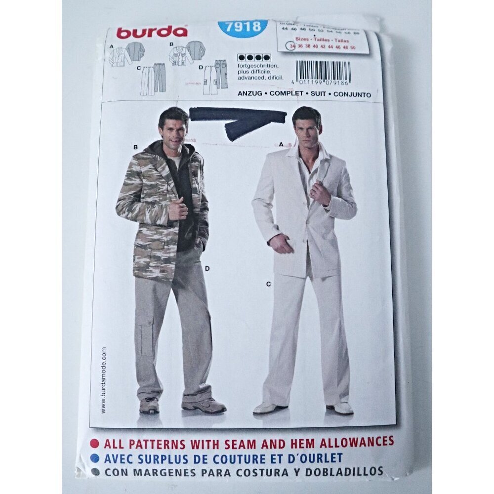Vintage Burda 7918 Sewing Pattern Mens Business Casual Jacket and Pants Pattern
